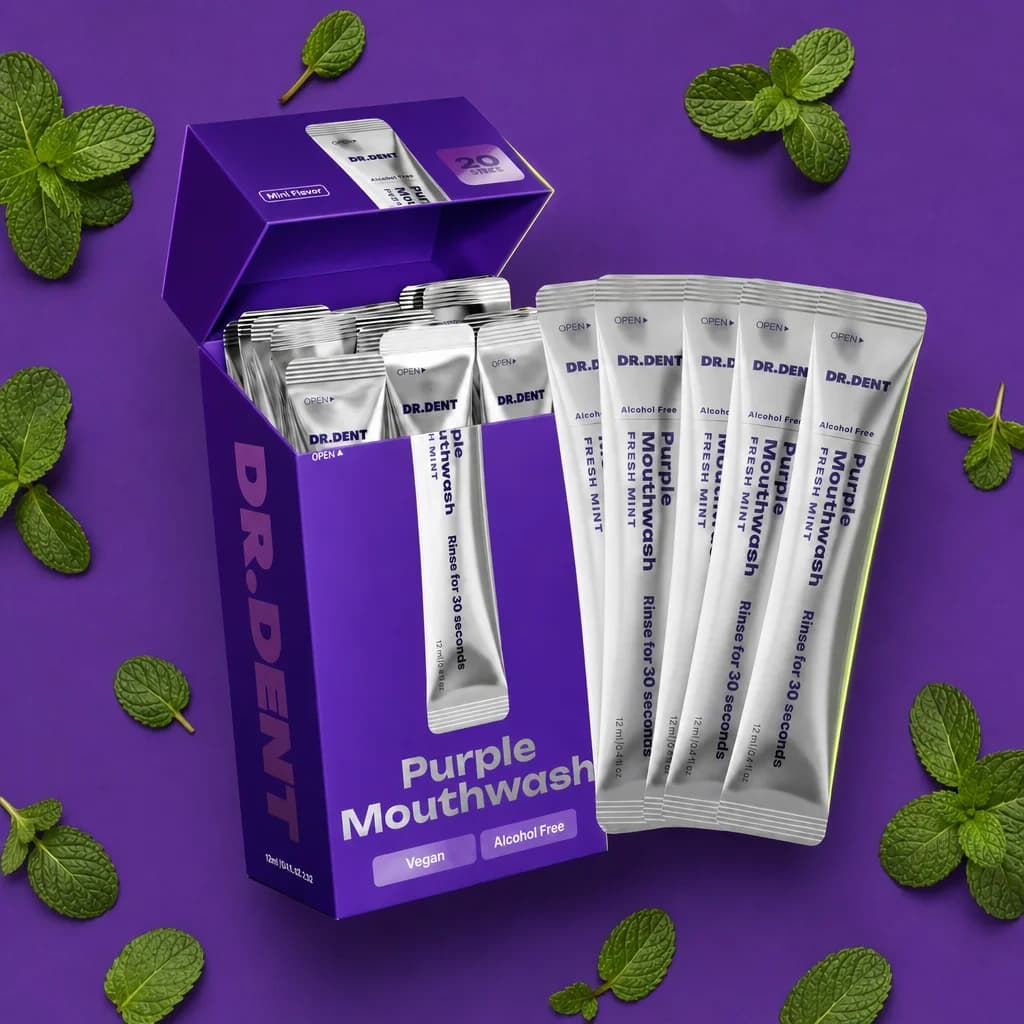 DR.DENT Purple Mouthwash Sachets — Peroxide-Free, Vegan Mint (20-Pack)
