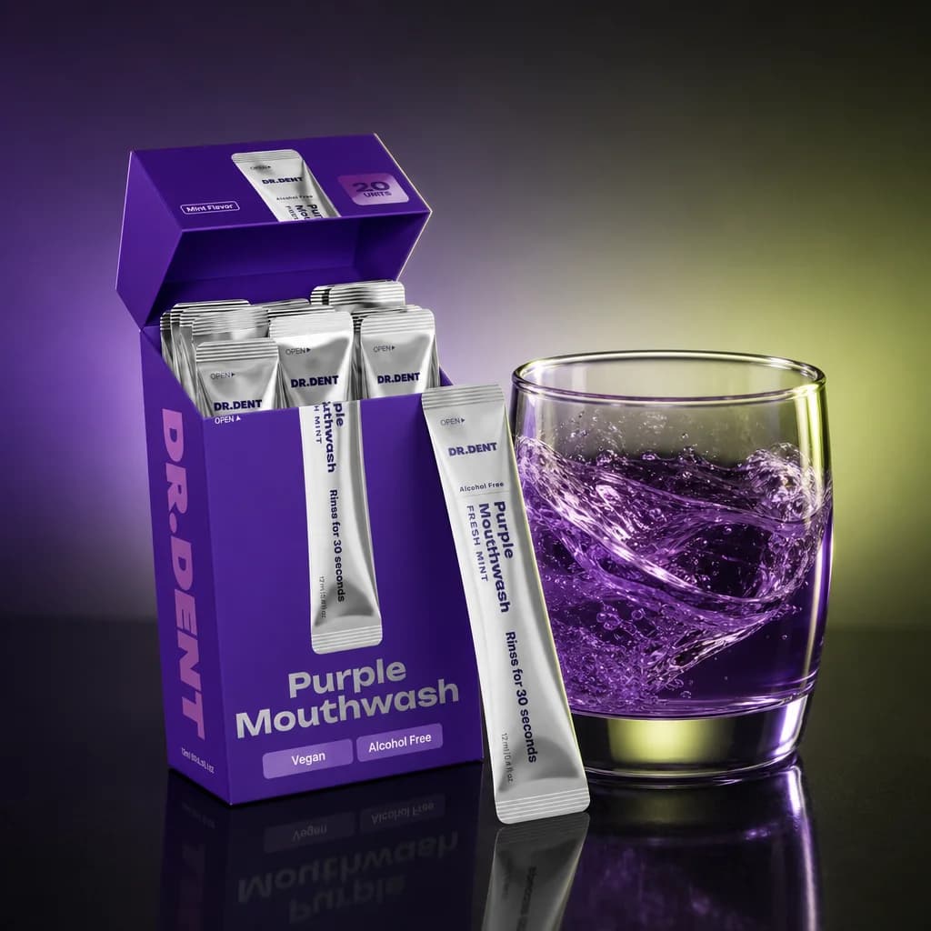 DR.DENT Purple Mouthwash Sachets — Peroxide-Free, Vegan Mint (20-Pack)