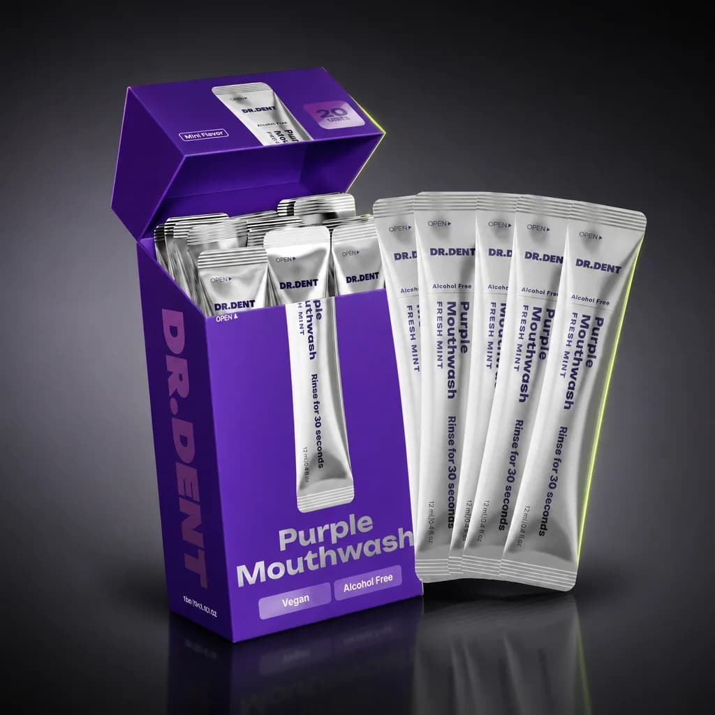 DR.DENT Purple Mouthwash Sachets — Peroxide-Free, Vegan Mint (20-Pack)